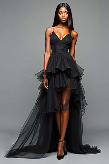 Black A Line Spaghetti Straps Ruffled Tiered High-Low Formal Dress